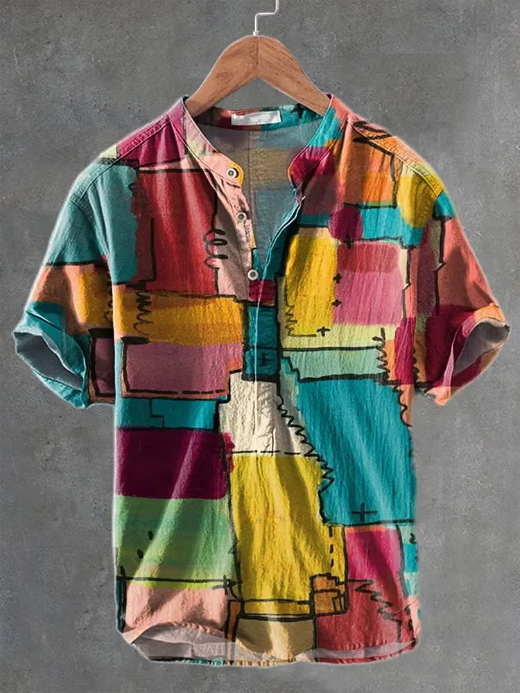 Men's Retro Colored Geometry Linen Blend Short-sleeve Shirt