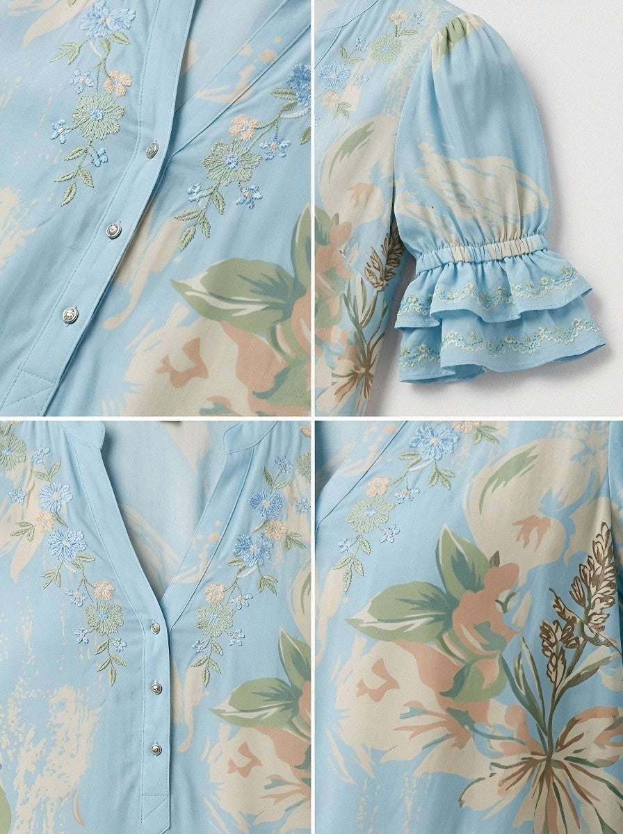 Women's Western Vintage Floral Embroidered Printed Blouse