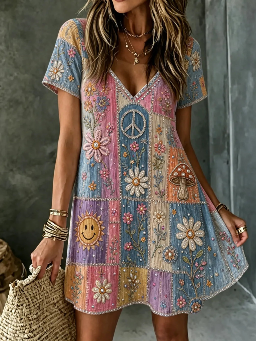 Women's Retro Hippie Patchwork Art Mini Dress
