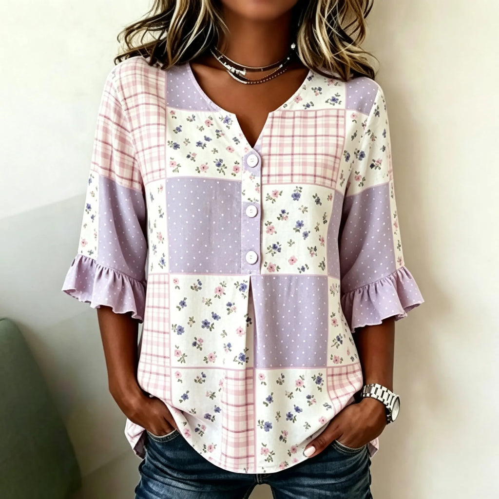 Women's Retro Floral Plaid Print Casual Top