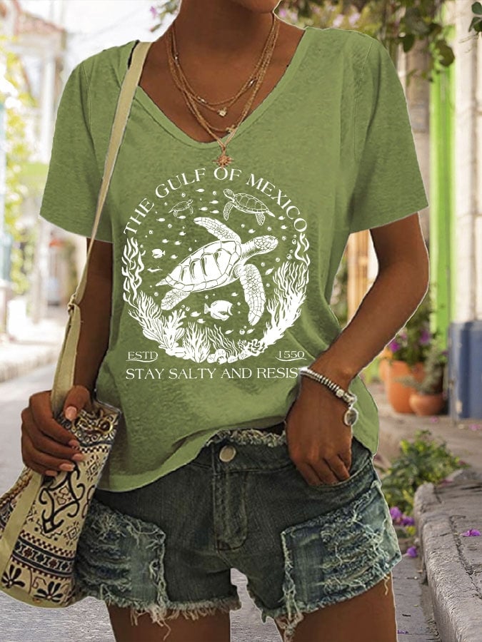 Women's The Gulf Of Mexico Print V Neck Casual T-Shirt