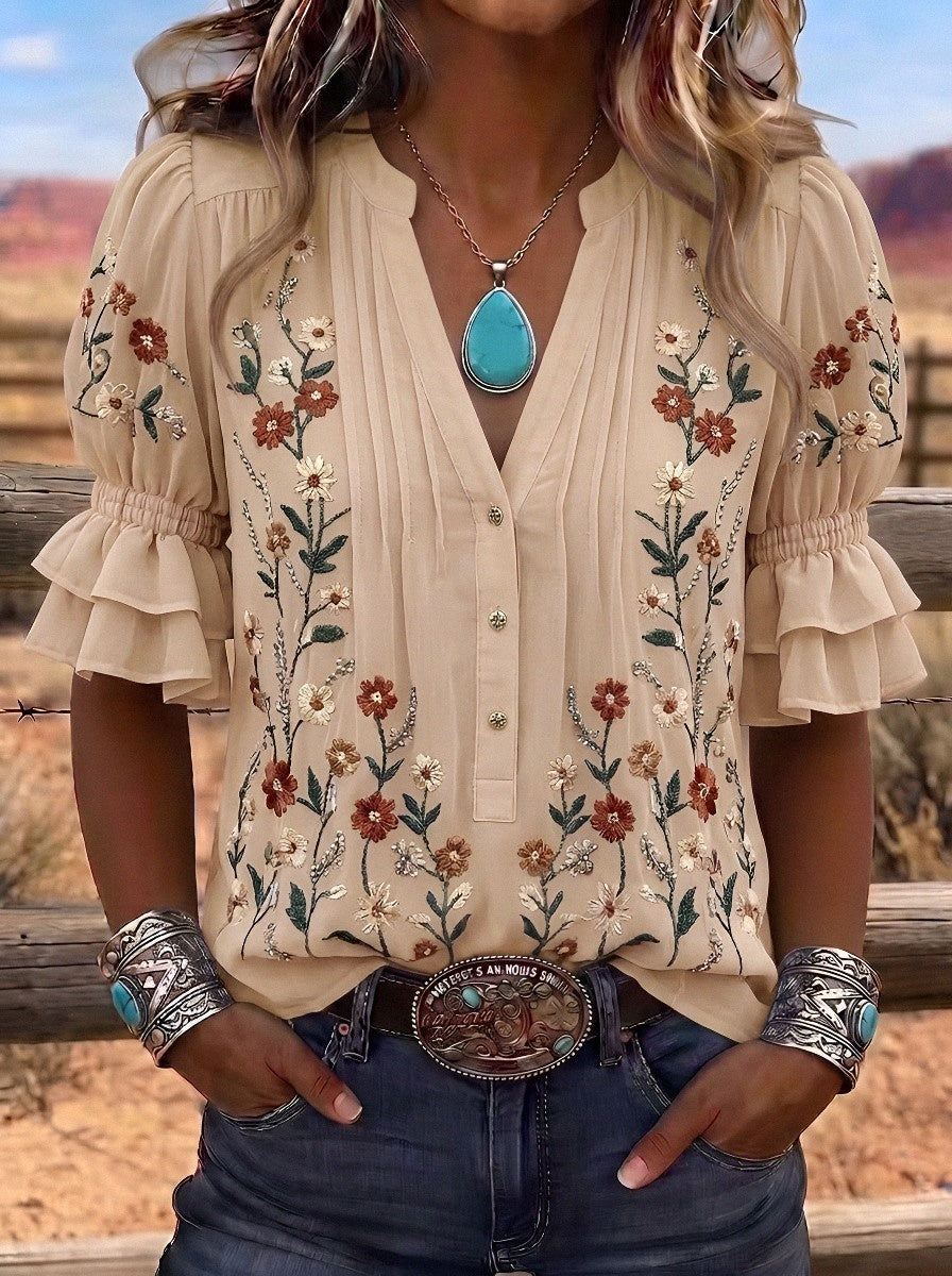 Women's Western Vintage Floral Embroidered Ruffle Sleeve Blouse