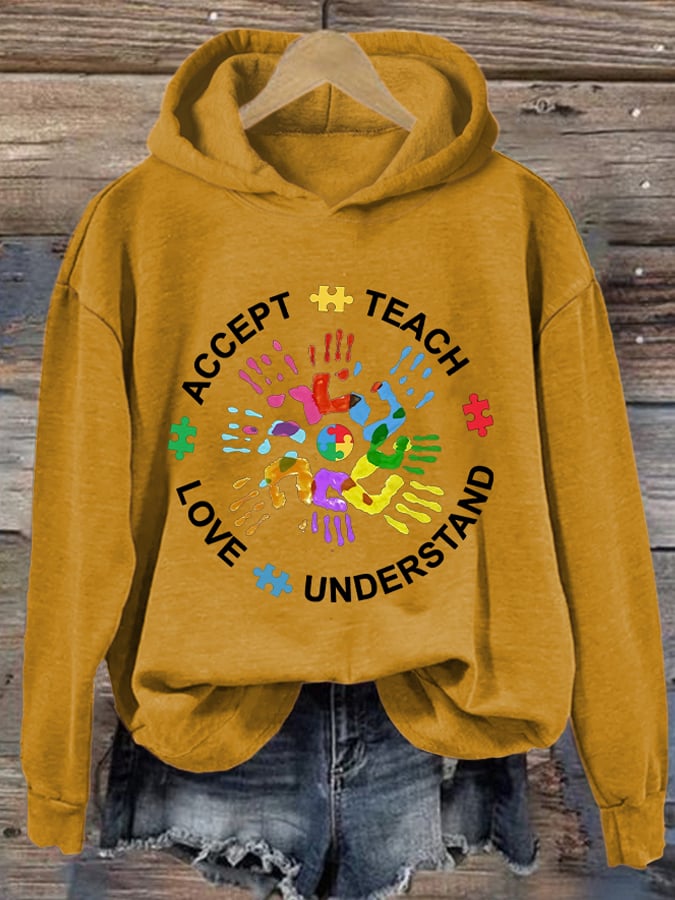 Women's Autism Teach Love Understand Print Hoodie