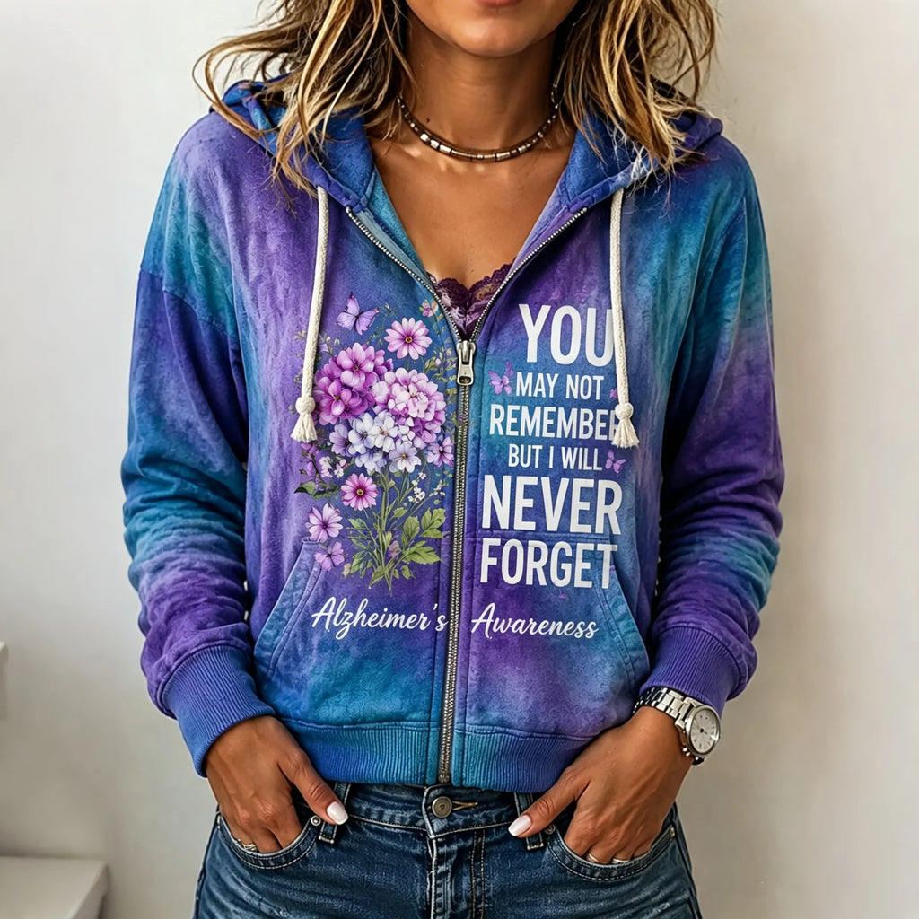 Women's Alzheimer's Awareness Support With Purple Floral Print Comfortable Warm Zip-up Hoodie