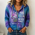 Women's Alzheimer's Awareness Support With Purple Floral Print Comfortable Warm Zip-up Hoodie