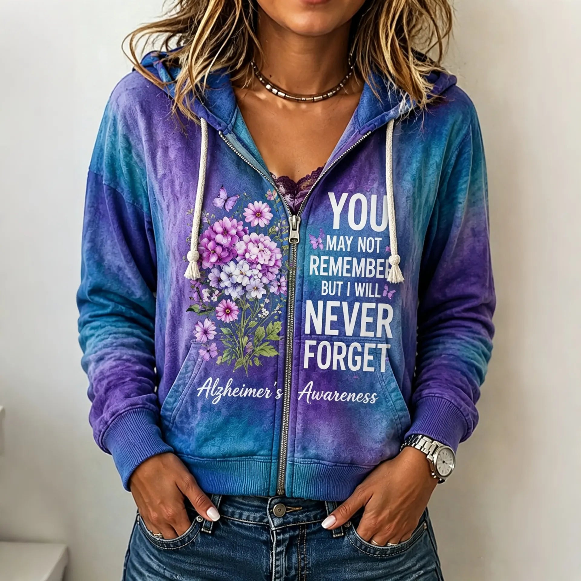 Women's Alzheimer's Awareness Support With Purple Floral Print Comfortable Warm Zip-up Hoodie