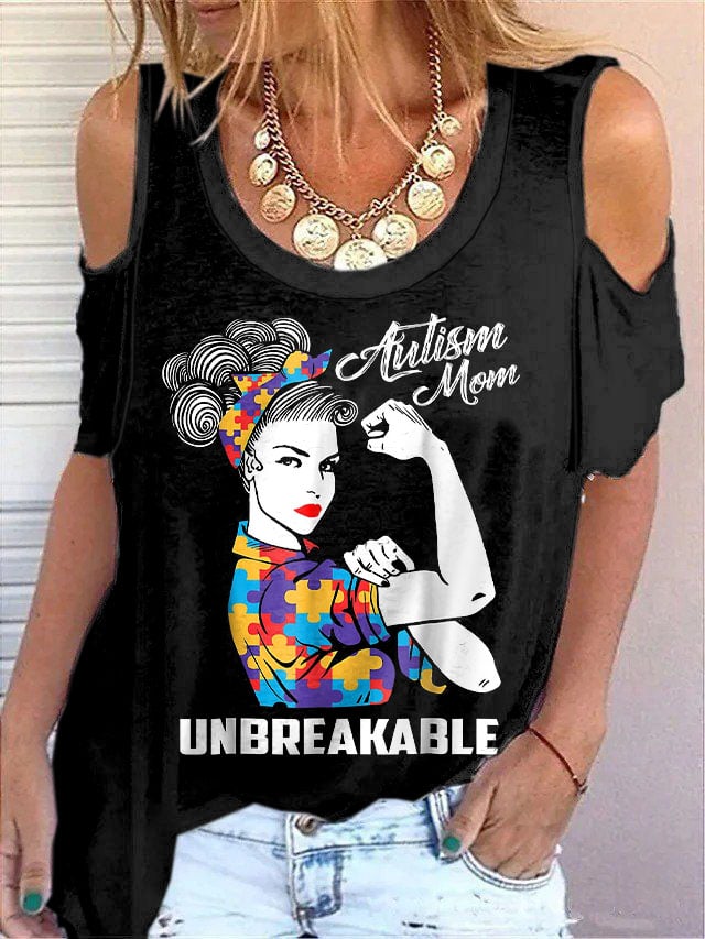 Women'S Autism Mom Unbreakable Print Off Shoulder Short Sleeve T-Shirt