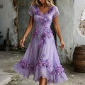 Women's Retro Floral Art Casual V Neck Short Sleeve Maxi Dress