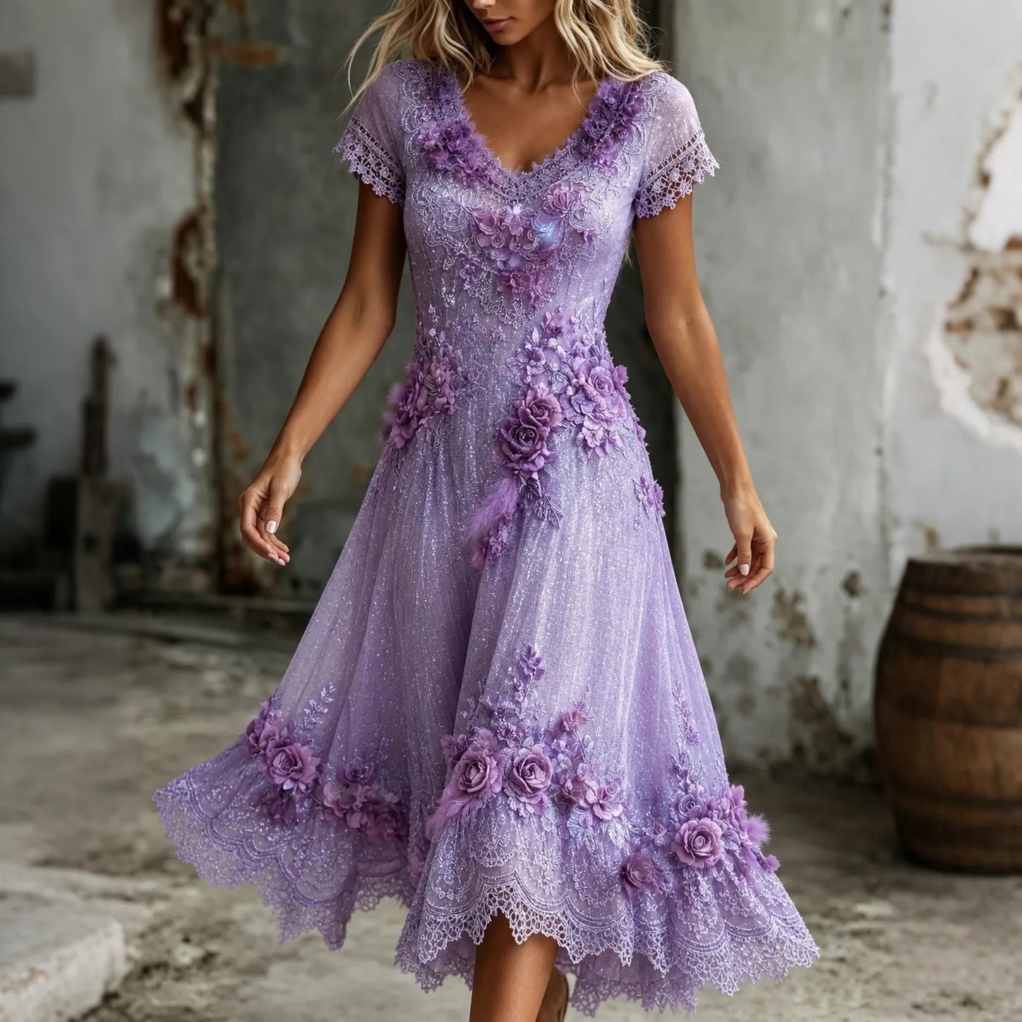 Women's Retro Floral Art Casual V Neck Short Sleeve Maxi Dress
