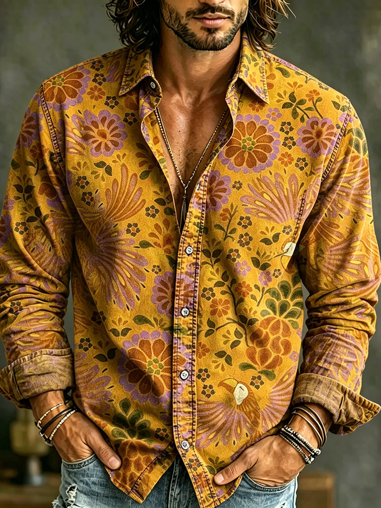 Men's Causal Spring Summer Mediterranean Style Floral Art Print Flowy Linen Blend Shirt