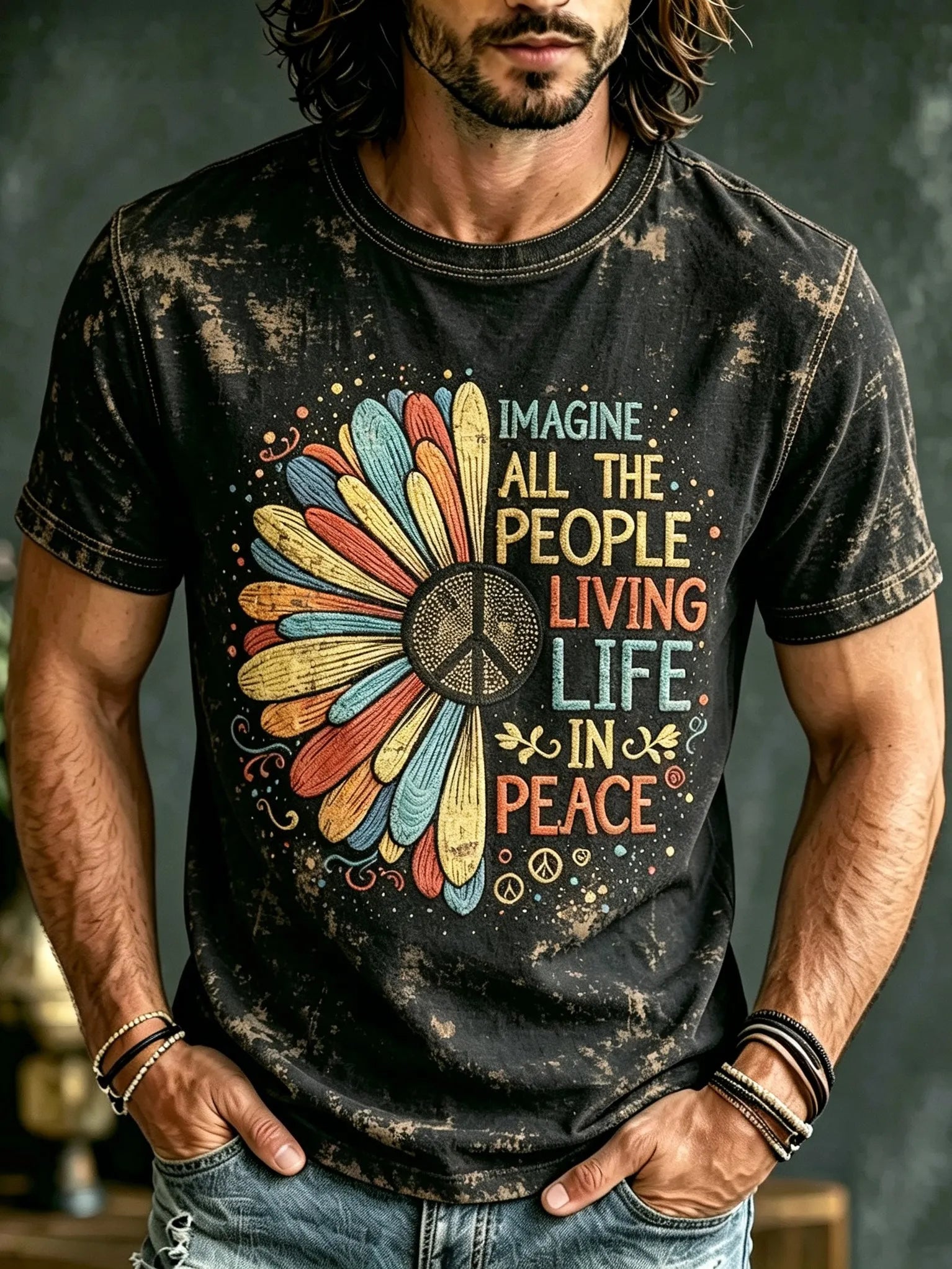 Men's Retro Distressed Hippie Embroidered Print T-shirt