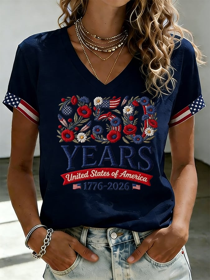 Women's America 250th Anniversary Patriotic V-Neck T-Shirt