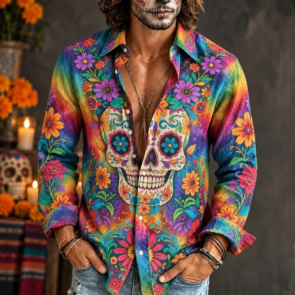 Men‘s Retro Mexico Day Of The Dead Colorful Floral Skull Printed Long-sleeved Shirt