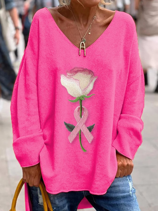 Women's Pink Breast Cancer Floral Print Loose Top