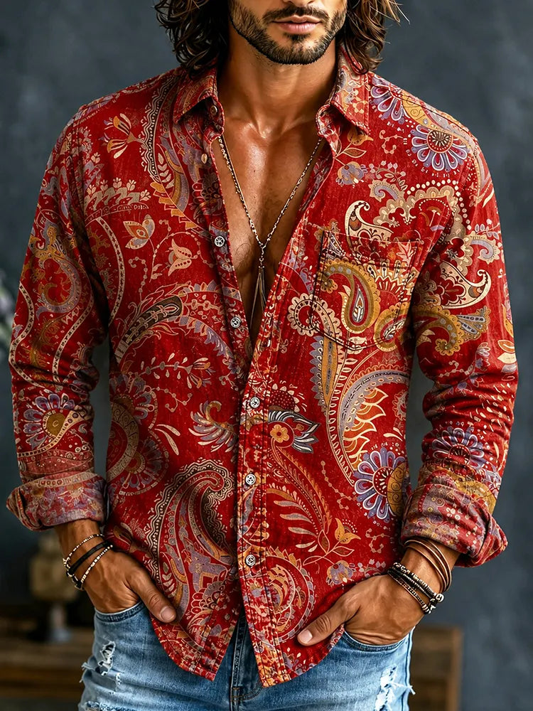 Men's Hippie Retro Abstract Tie Dye Art Print Linen Shirt