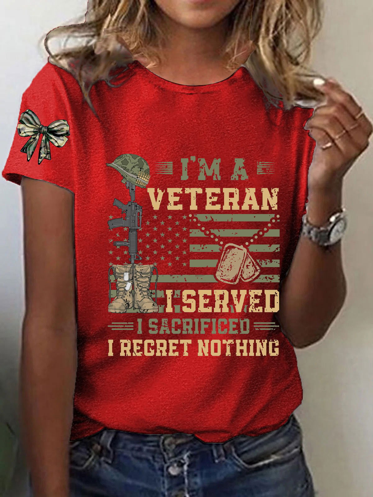 Women's Patriotic Veteran USA Flag Print T-Shirt