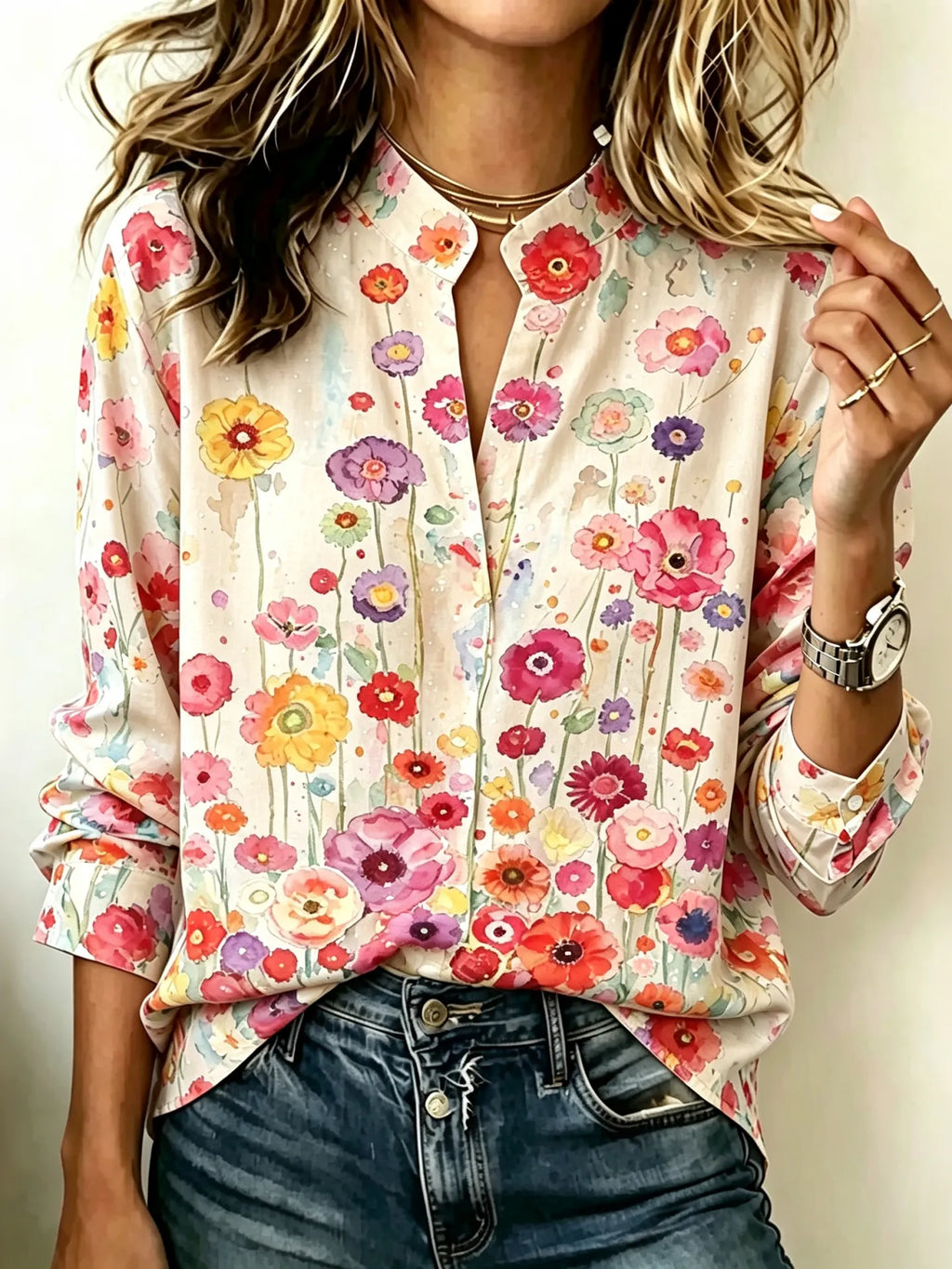 Women's Vintage Hippie Floral Art Print Flowy Linen Blend Casual Tops