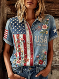 Women'S USA 250Th Anniversary Floral Art Print Casual Short-Sleeve Shirt