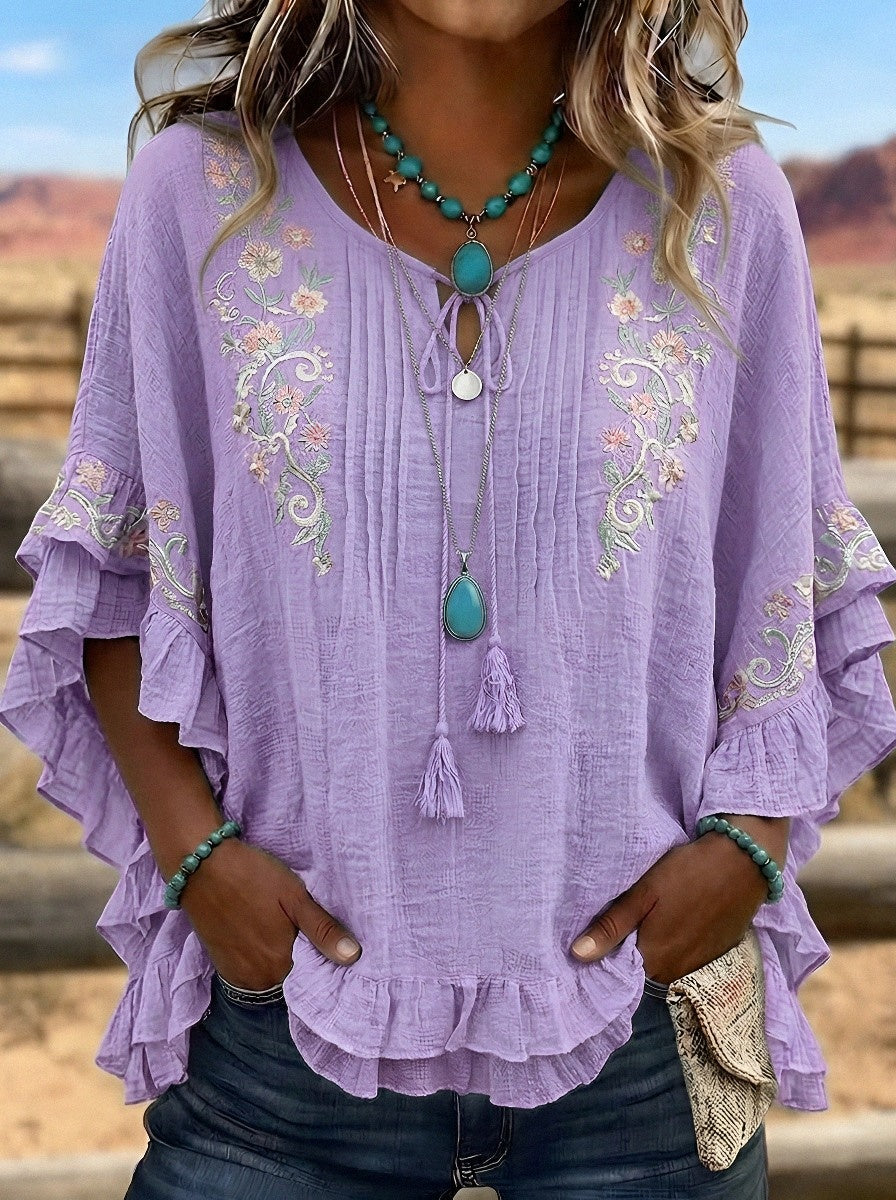 Women's Western Vintage Floral Embroidered Ruffle Sleeve Top