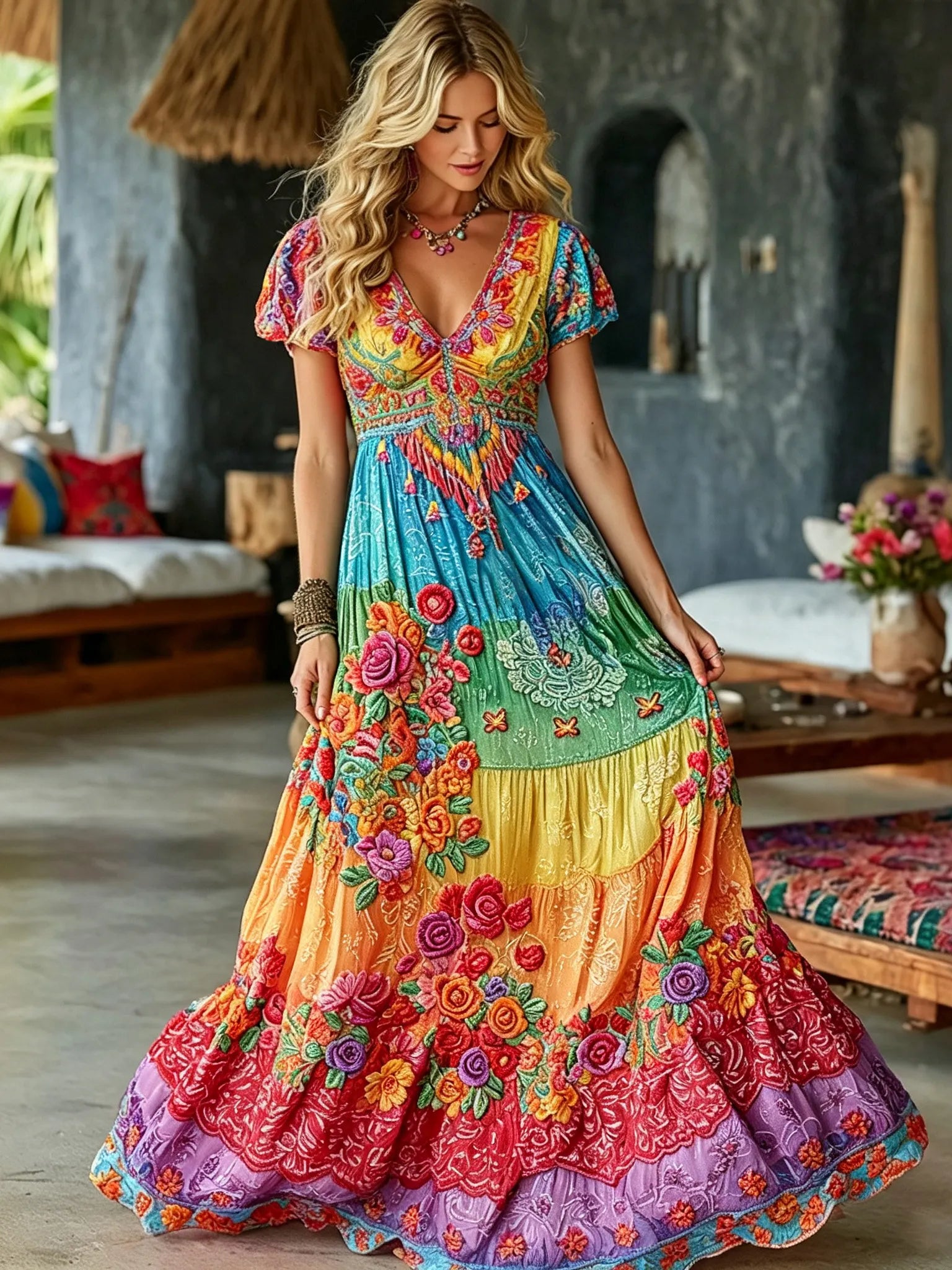 Women's Retro Hippie Floral Embroidered Cotton Linen V-neck Short Sleeve Long Dress