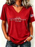 250Th Anniversary Embroidery Commemorative V-Neck Short Sleeved T-Shirt From The United States