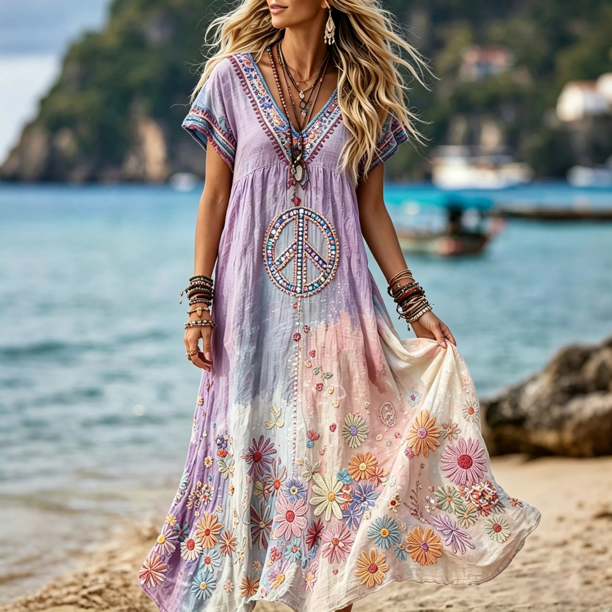Women's Retro Hippie Peace Floral Embroidery Art V Neck Short Sleeve Linen Blend Maxi Dress