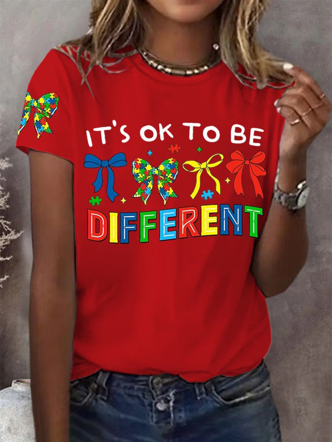 Women's It'S Okay To Be Diffrent Autism Awareness Printed Short-Sleeved T-Shirt