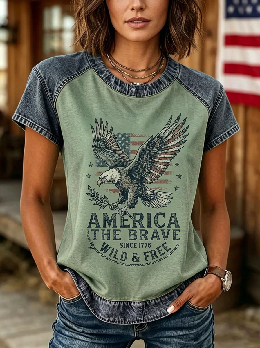 Women's Western Patriotic Eagle America The Brave Printed T-shirt
