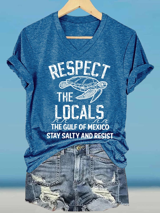 Women's Respect The Locals Gulf Of Mexico Printed V Neck T-shirt