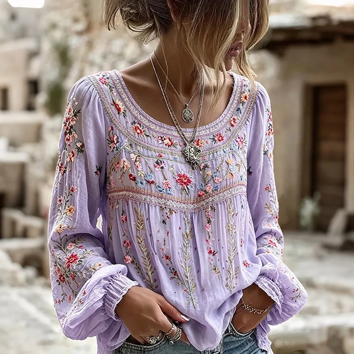 Women's Retro Bohemian Floral Embroidery Pattern Casual T-shirt