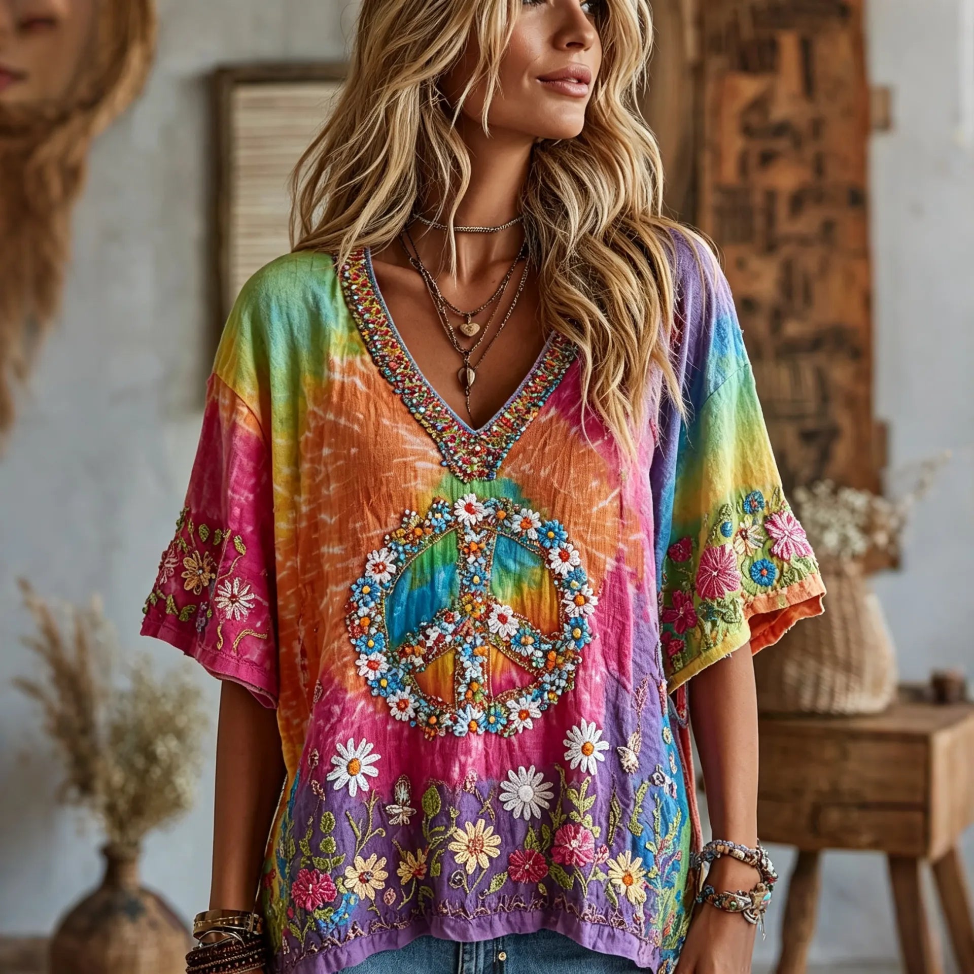 Women's Vintage Peace Symbol Floral Gradient Art Casual Shirt