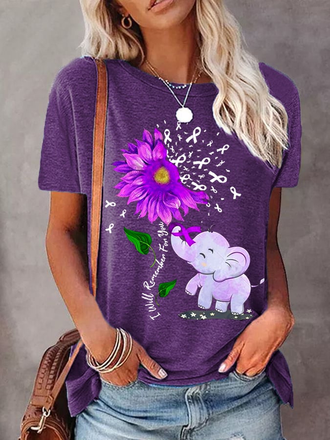 Women's I Will Remember For You Purple Ribbon Elephant Alzheimer's Awareness Supporter Fighter Tee