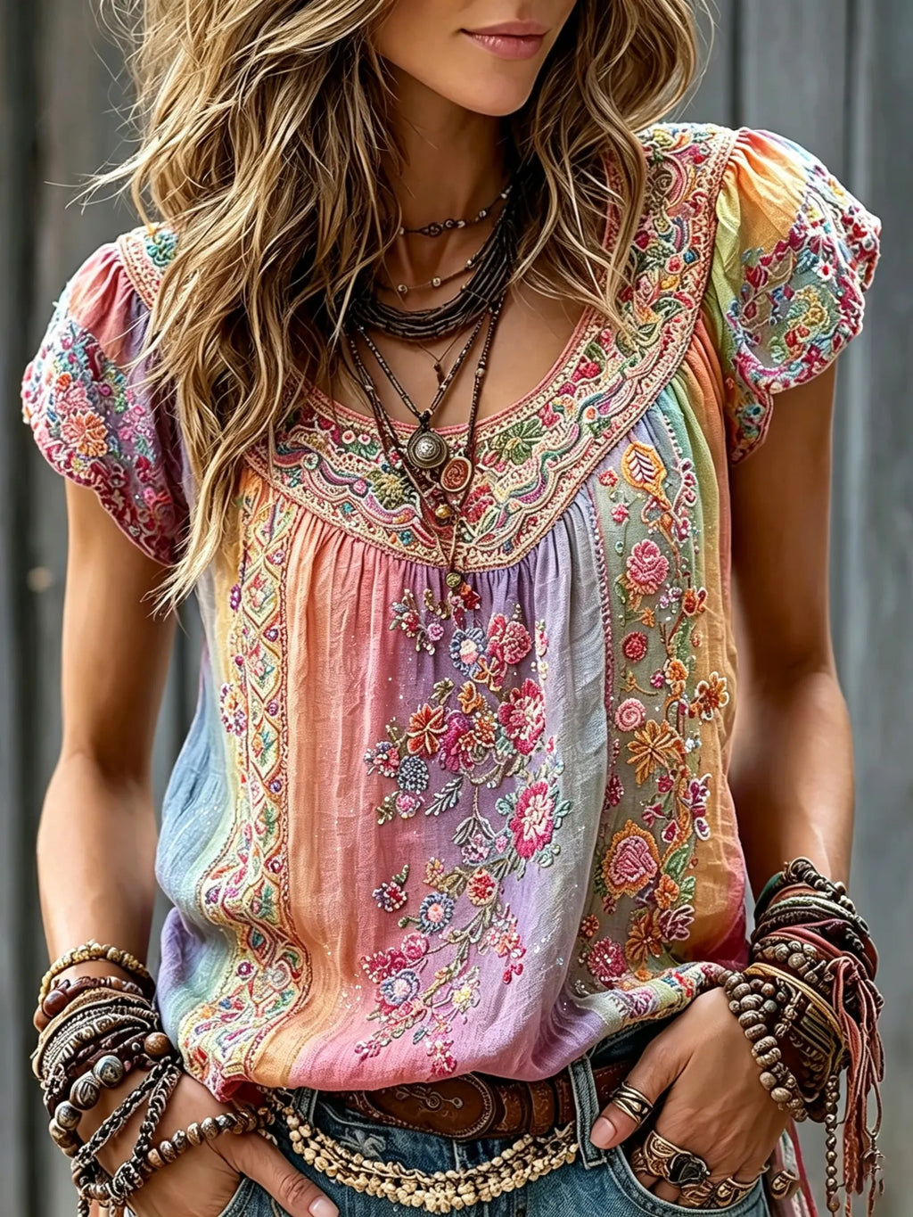 Women's Vintage Floral In Hippie Vibe Art Print Flowy Linen Blend Linen Blend Short Sleeve Casual Tops