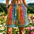 Retro Hippie Rainbow And Cat Pattern Linen Blend Shorts