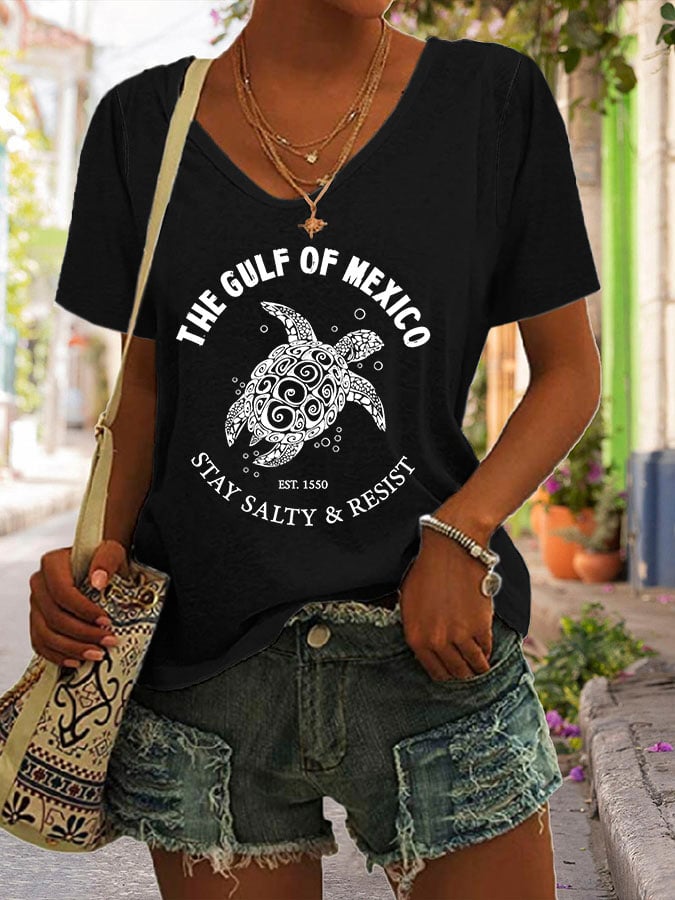 Women's The Gulf Of Mexico Print V Neck Casual T-Shirt