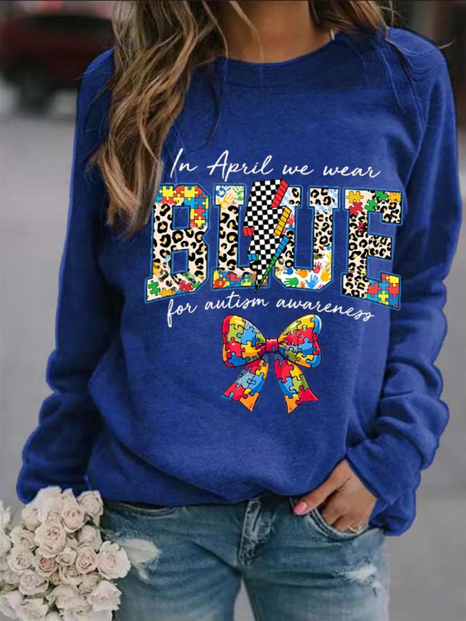 Women's "In April We Wear Blue" Autism Awareness Printed Casual Crew Neck Sweatshirt