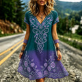 Women's Retro Floral Gradient Cotton Linen V-neck Short-sleeve Dress