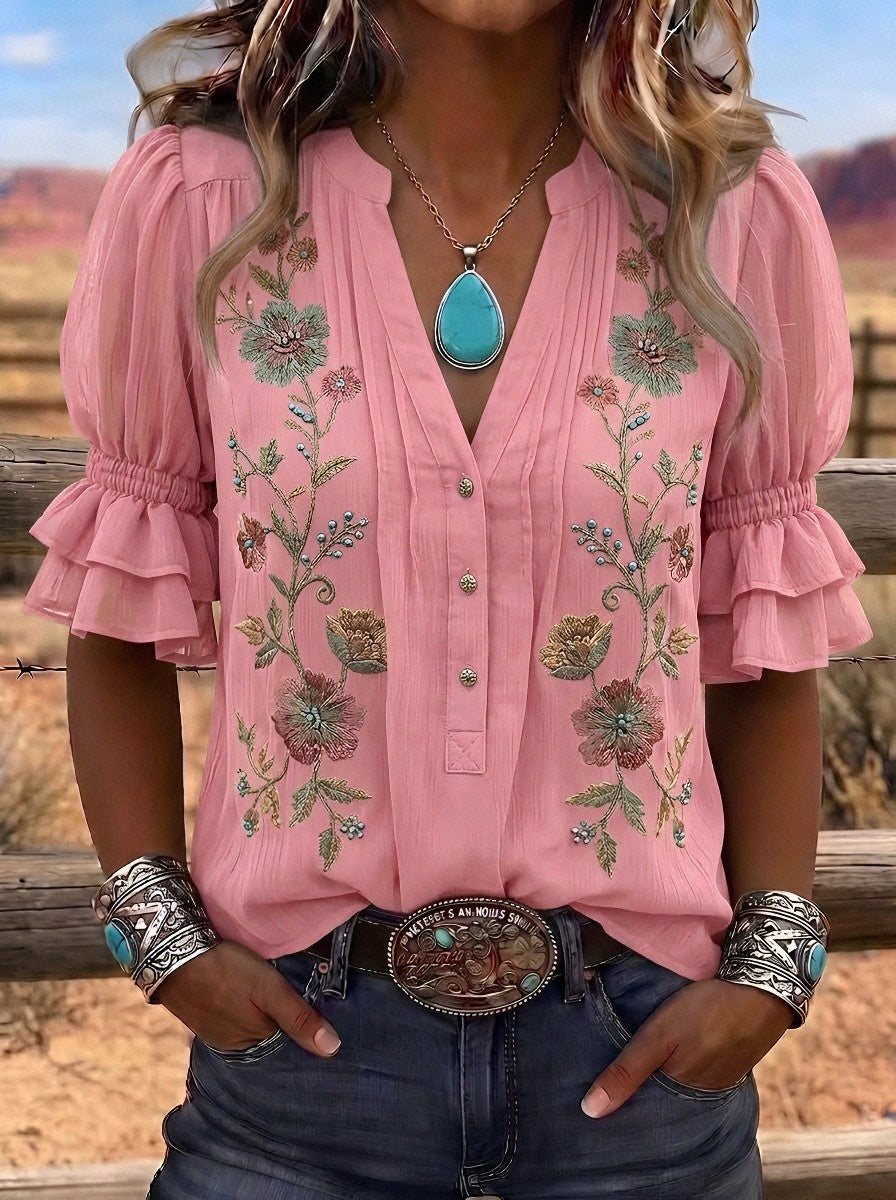 Women's Western Vintage Floral Embroidered Ruffle Sleeve Top