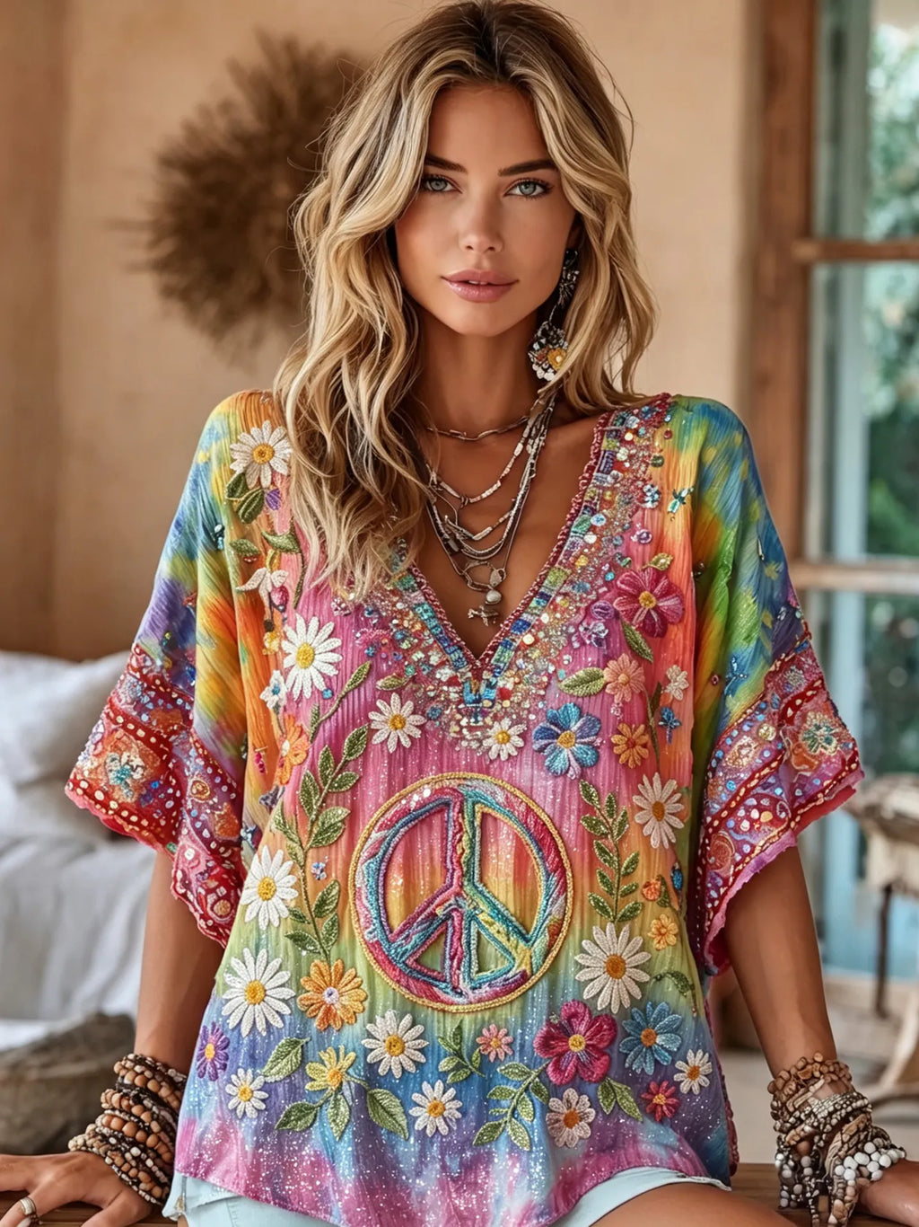 Women's Vintage Peace Symbol And Floral Gradient Art Casual Shirt