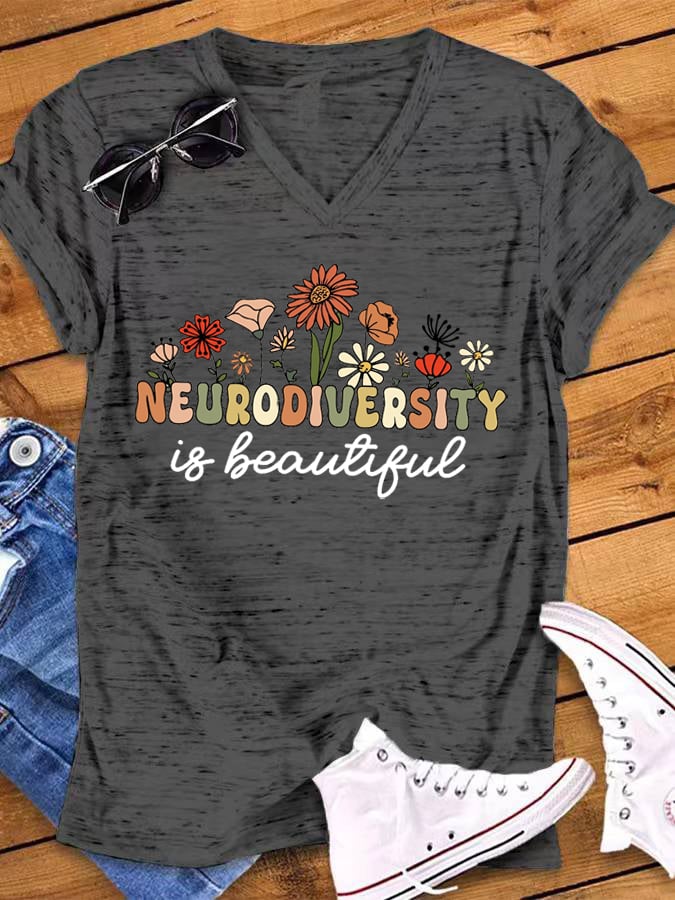 Women's Neurodiversity Is Beautiful Autism Awareness Print V-Neck T-Shirt