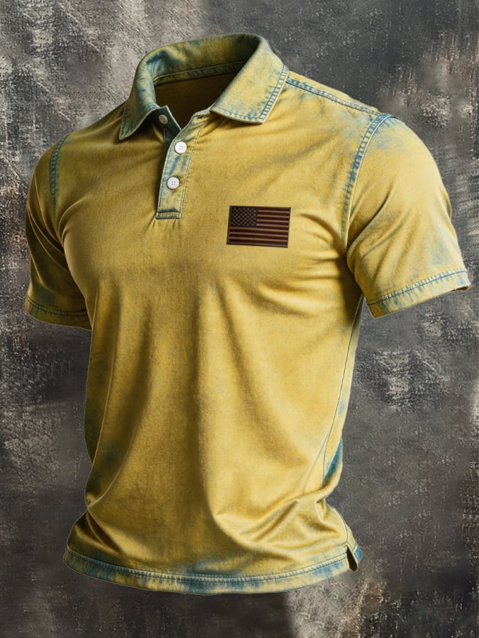 Men's Retro Patriotic Color-Block Short-Sleeve Polo Shirt