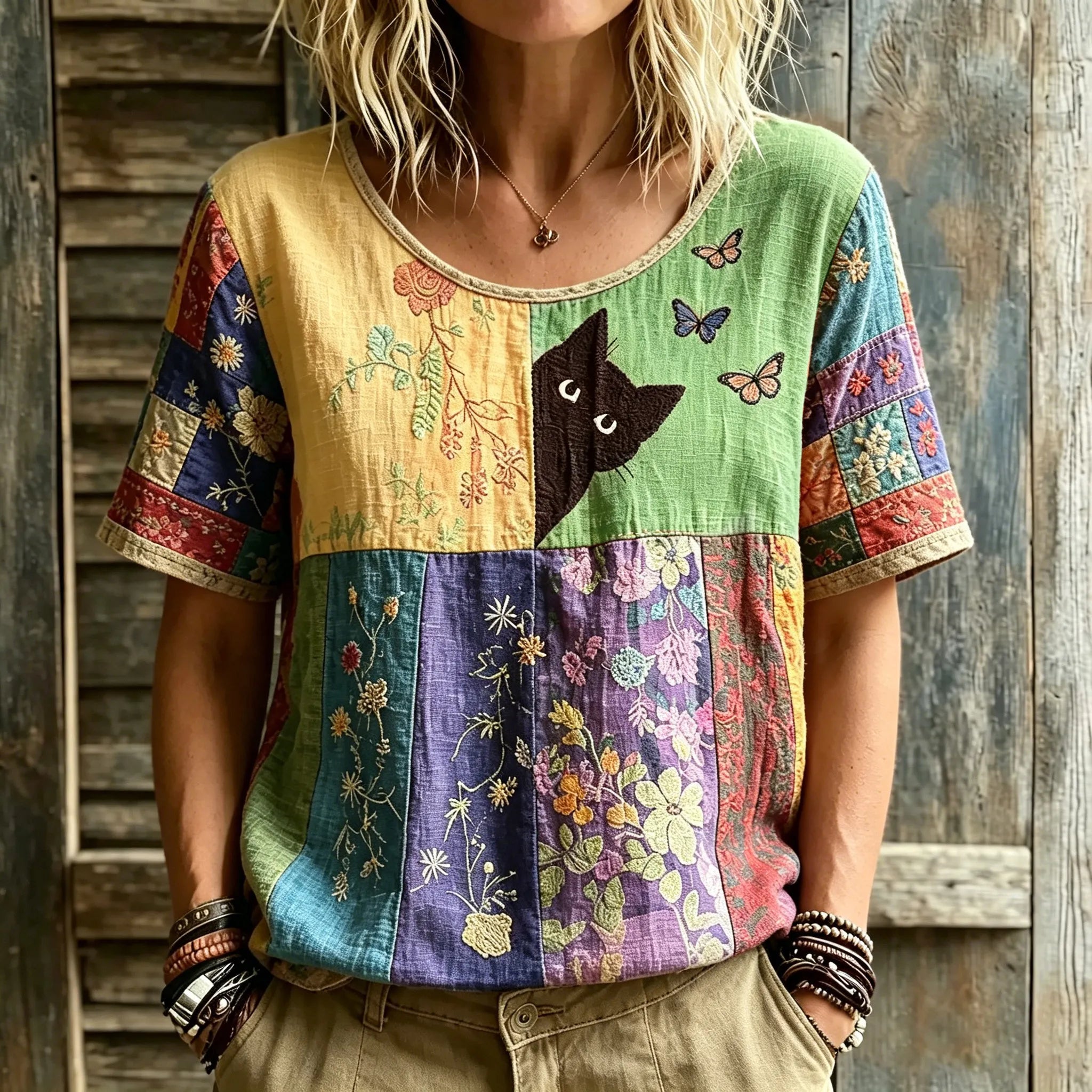 Women's Hippie Black Cat Art Embroidered Linen Blend Round Neck Tshirt