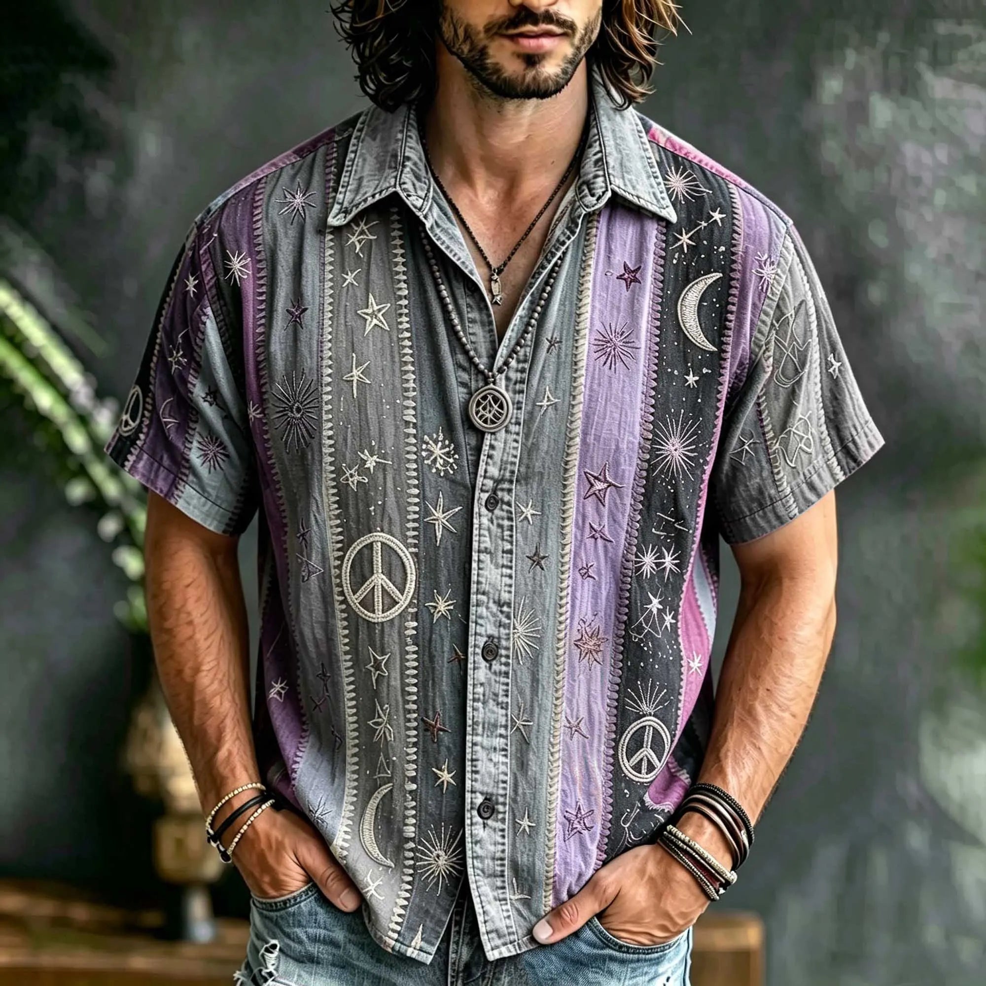 Vintage Hippie Stripe Patchwork Linen Shirt, 3d Embroidery Star & Crescent Casual Summer Short Sleeve Top