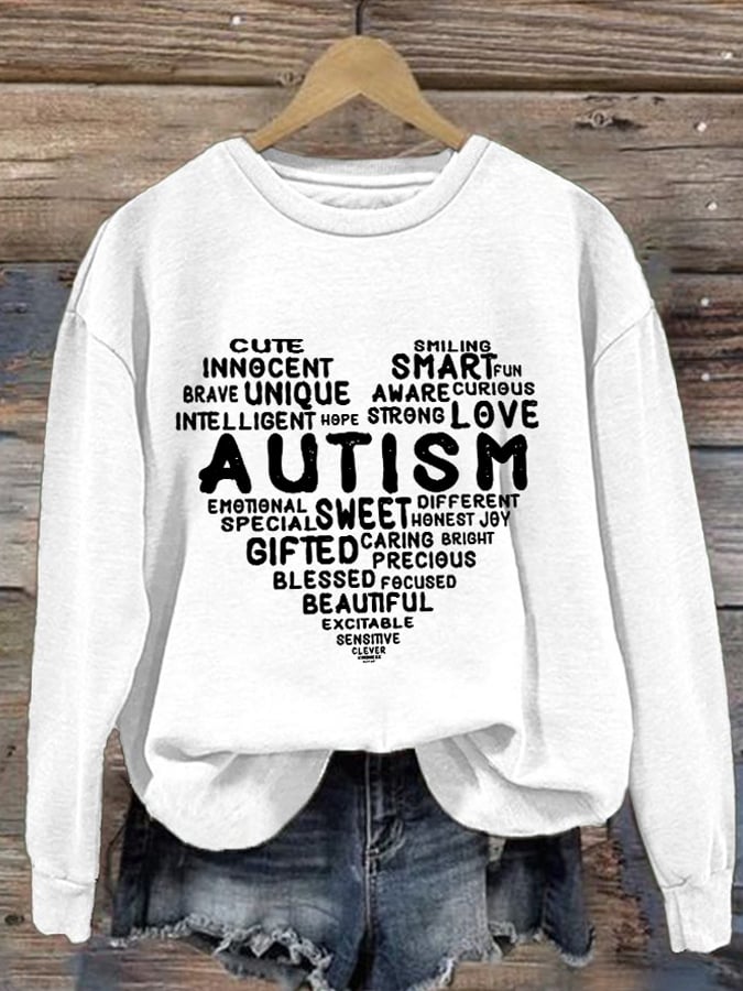 Women's Heart Love Sweet Smart Honest Autism Awareness Print Long Sleeve Sweatshirt