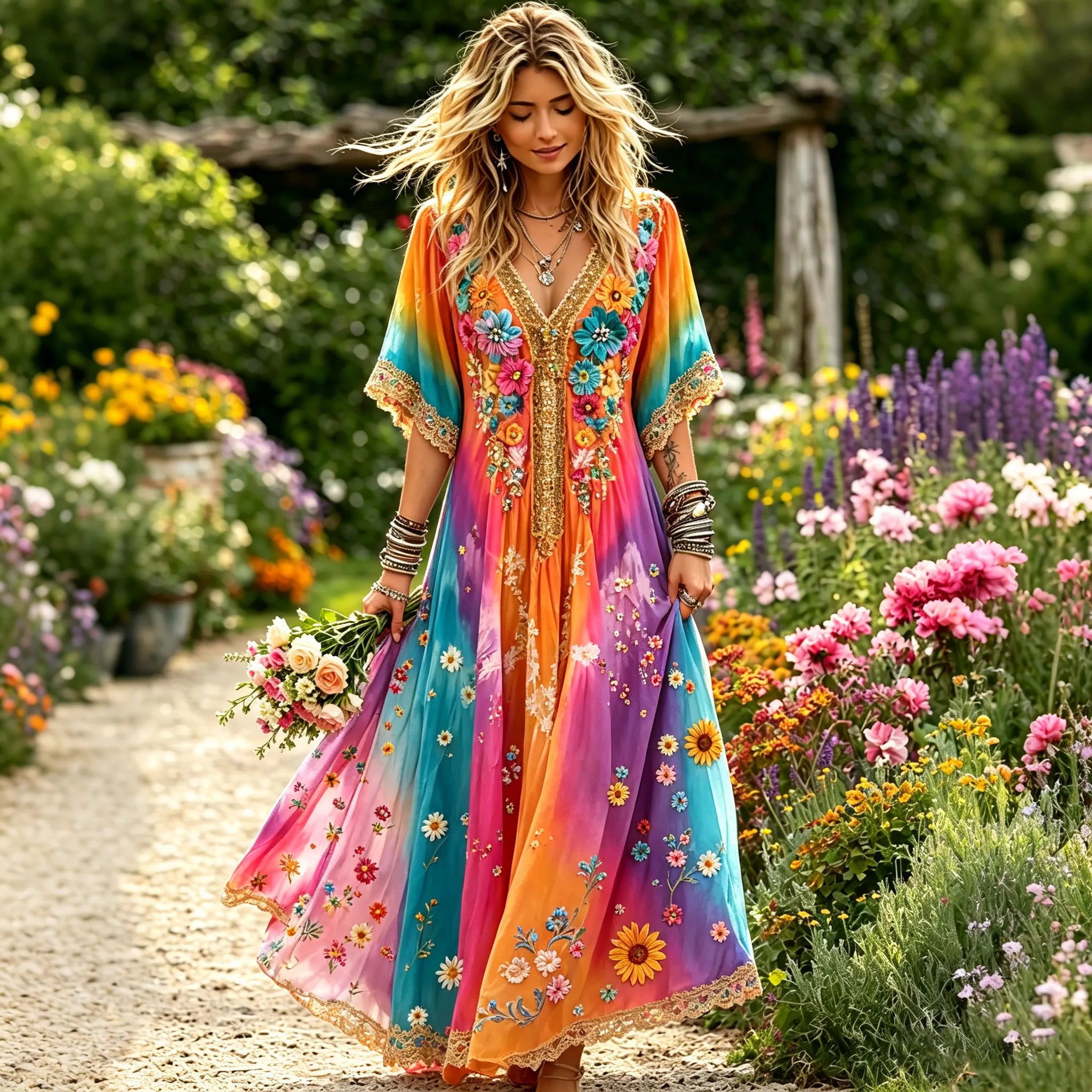 Women's Hippie Rainbow Floral Design Vacation V-neck Cotton Linen Maxi Dress