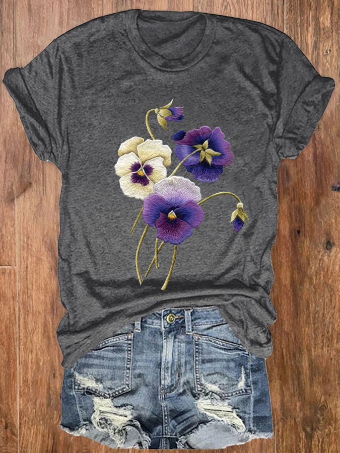 Women's Alzheimer's Awareness Purple Floral Print Crew Neck T-Shirt