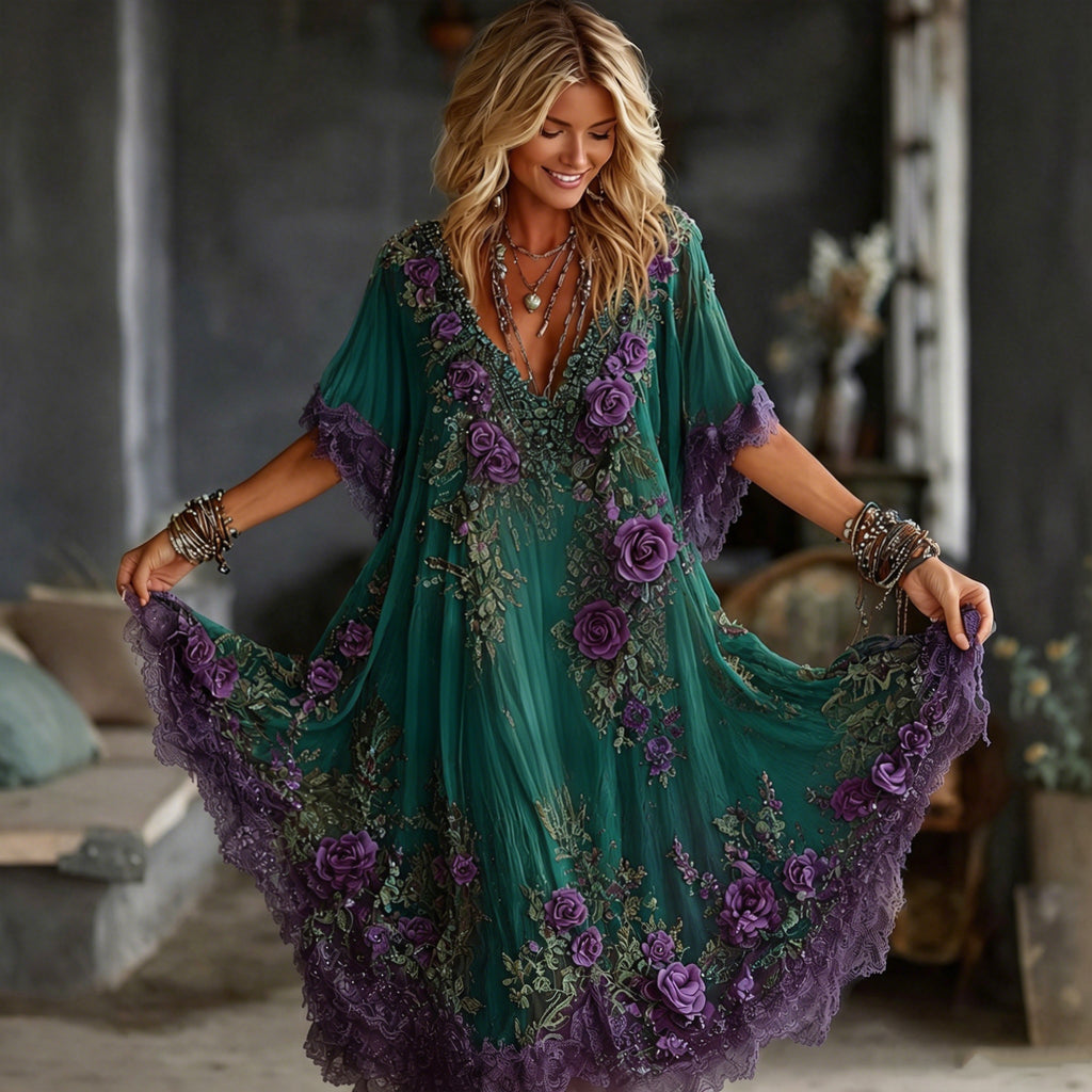 Women's Viking Celtic Knot Wings And Purple Floral Gradient Short-sleeve Dress