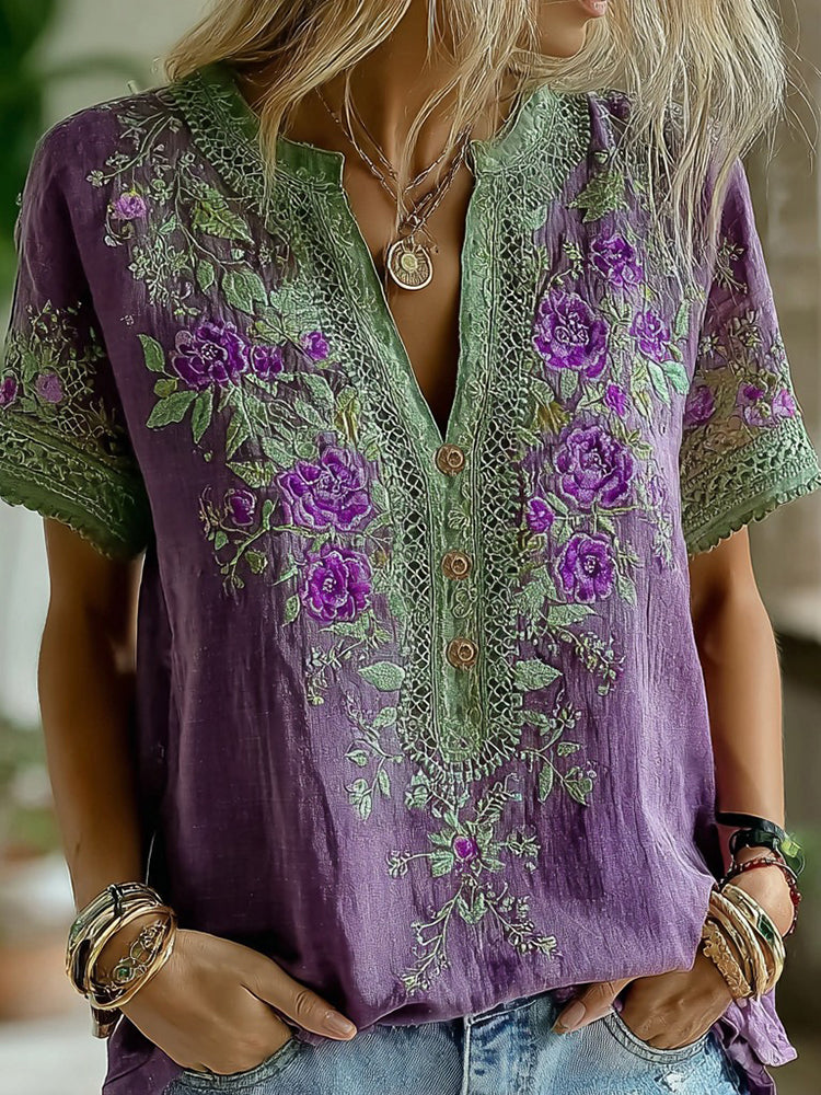 Women's Vintage Purple Floral Casual Shirt