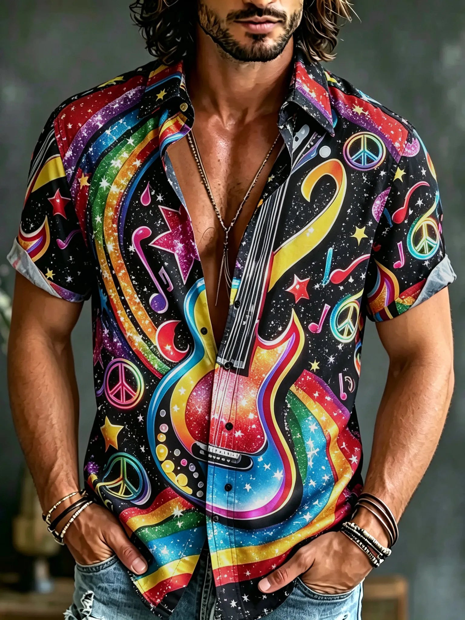 Men's Hippie Style Peace Symbol Musical Instrument Art Print Linen Blend Short-sleeved Shirt