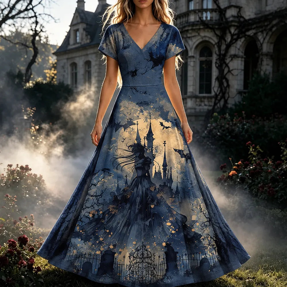 Women's Gothic Castle & Flying Bats Short Sleeve Maxi Dres